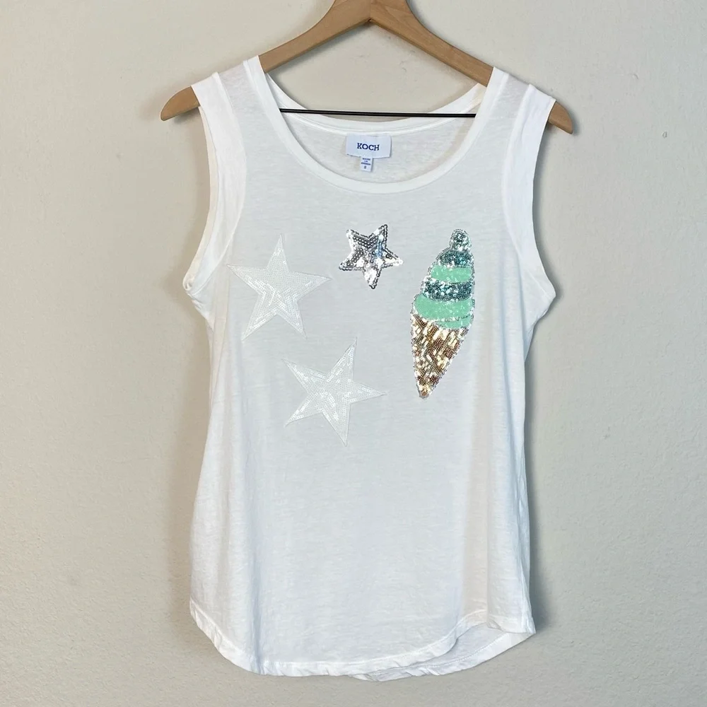Koch Stars & Ice Cream Sequin White Cotton Tank